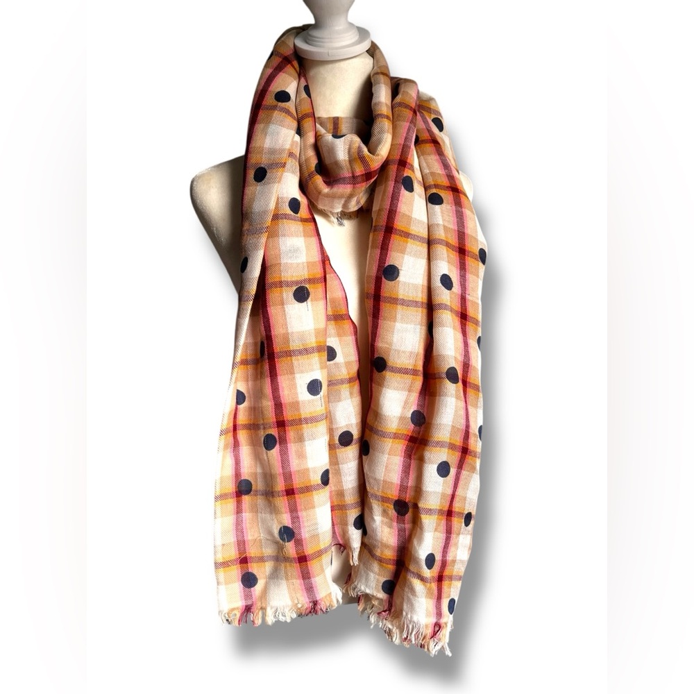 J.Crew Oversized Polka Dot Plaid Scarf Wool Cotton Blend